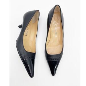 Chanel Vintage Black Leather Cap Toe CC Logo Kitten Heel Pointed Pumps EU 36.5